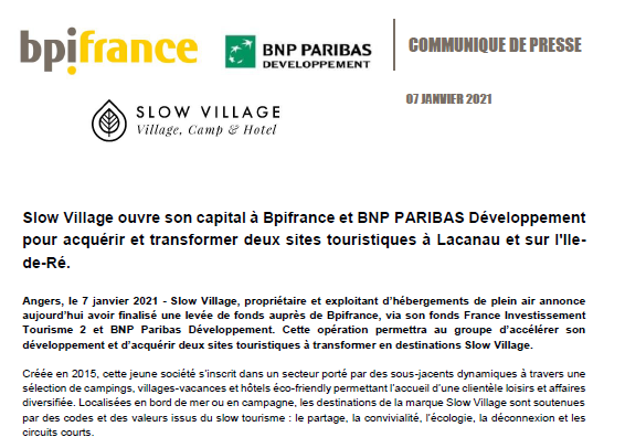 BpifrancePresse's tweet photo. .@Bpifrance entre au capital de Slow Village aux côtés de BNP Paribas Développement #tourisme 
👉https://t.co/R5aZlGqBek https://t.co/YSsifE05Ck