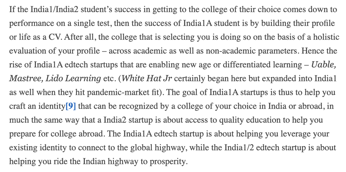 Similar India1 v India2 or rather India1A v India1/2 distinct models emerging in edtech.India1A solving for identity: helping our kids with 'life as a cv' ( @Uable_real /  @mastreelearning etc.)India1/2 solving for access to content - crack that exam ( @unacademy  @ClassplusApps)