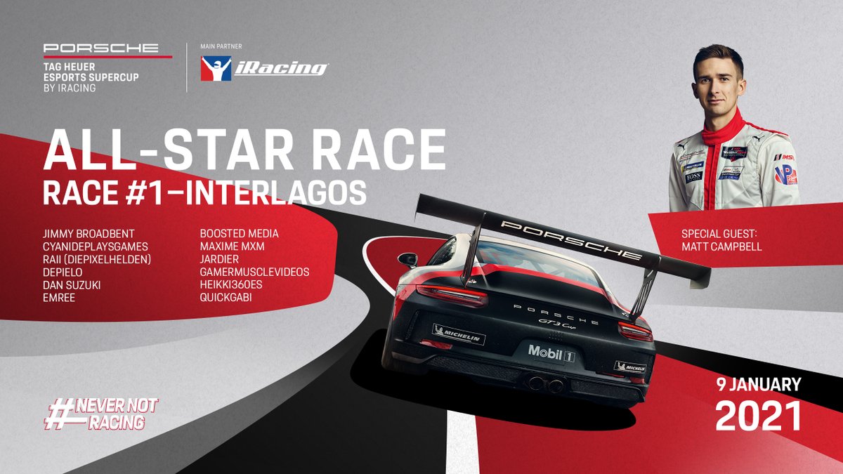 PorscheRaces's tweet image. #PESC – This season, the #Porsche @TAGHeuer #Esports #Supercup brings you some extra highlights: Prominent influencers will compete in 2 @iRacing All-Star races with the #911GT3Cup at every round. Action starts live this Saturday @InterlagosTrack: youtu.be/_wr9pe6Atow