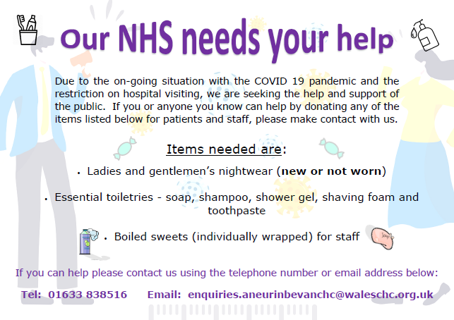 AneurinBevanUHB's tweet photo. Aneurin Bevan Community Health Council is launching a donation appeal to collect essentials for hospital inpatients and staff.

If you would like to donate please contact the Community Health Council via Tel: 01633 838516 or Email: enquiries.aneurinbevanchc@waleschc.org.uk. https://t.co/GUuwnfoKSF