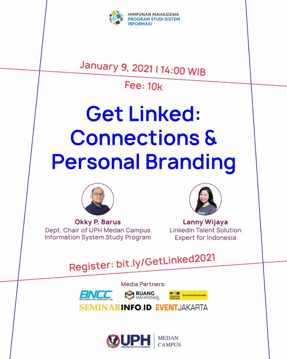 In the era of digital transformation, companies are utilizing online platform to look for talents to hire, and of the most popular is LinkedIn. Thus, we're inviting Mr. Okky P. Barus and Ms. Lanny Wijaya as speakers to deliver regarding this. Register now: bit.ly/GetLinked2021