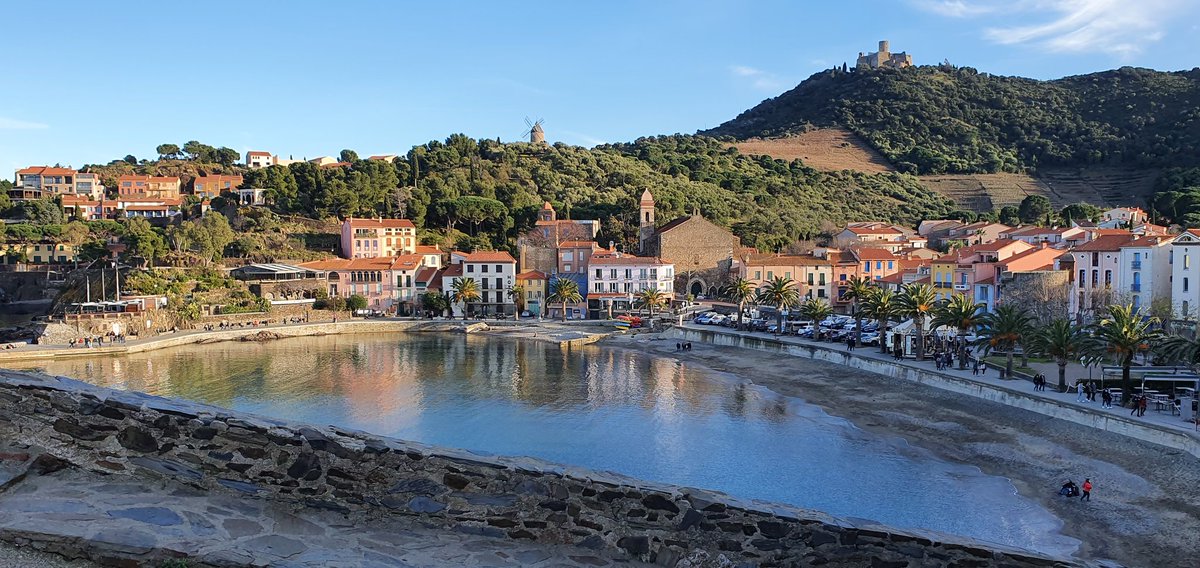 Morning stroll above Collioure (everybody takes a pic of the famous church but the other side's trés jolie too) with Fort St Elme overlooking the windmill and bay.
❤💛