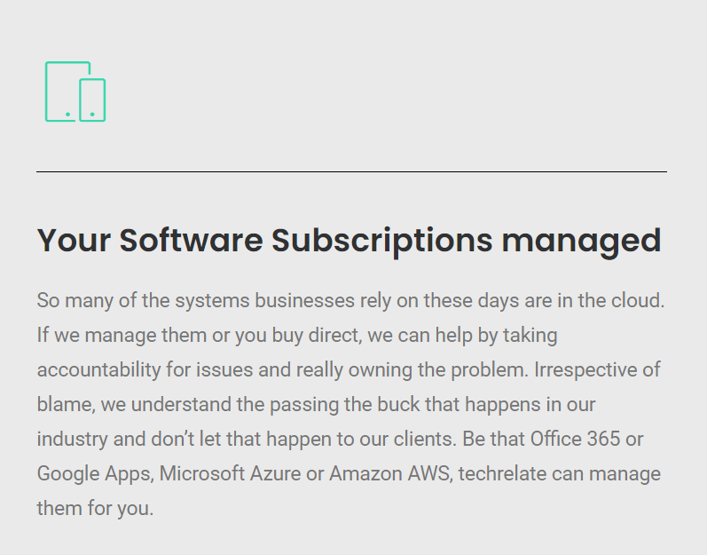 Techrelate's tweet photo. How do you manage your #SoftwareSubscriptions? We pride ourselves on taking accountability for our client’s subscriptions. We can manage your #Office365 or #GoogleApps, #MicrosoftAzure or #Amazon AWS to name a few. #ITsupport #techlondon #ITservices https://t.co/gSVJNHkCCE