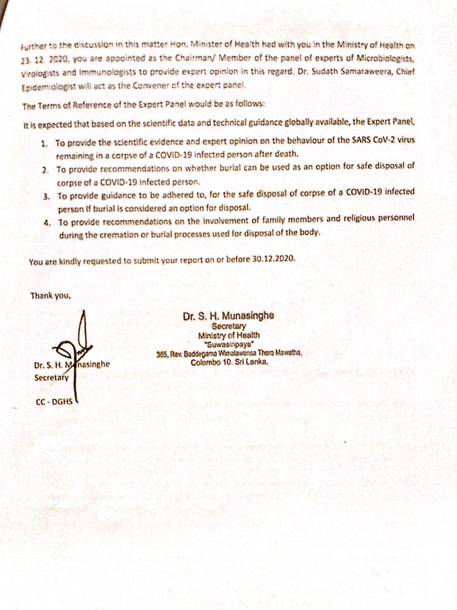 For reference, this is the letter of appointment sent by Secretary, Ministry/Health on 24.12.20 to 11 reputed microbiologists, virologists & immunologists to recommend disposal methodology of COVID-19 deceased according to clearly specified, scientific-based Terms of Reference.