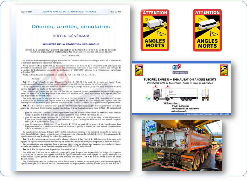 Publication de l'arrêté du 5/01/2021 ‘SIGNALISATION ANGLES MORTS VEHICULES LOURDS’
L'arrêté donne le positionnement de la signalisation sur le véhicule

Retrouver sur le site de la FFC CONSTRUCTEURS :
L’arrêté + le Décret + La fiche technique de synthèse

ffc-carrosserie.org/actualite/info…