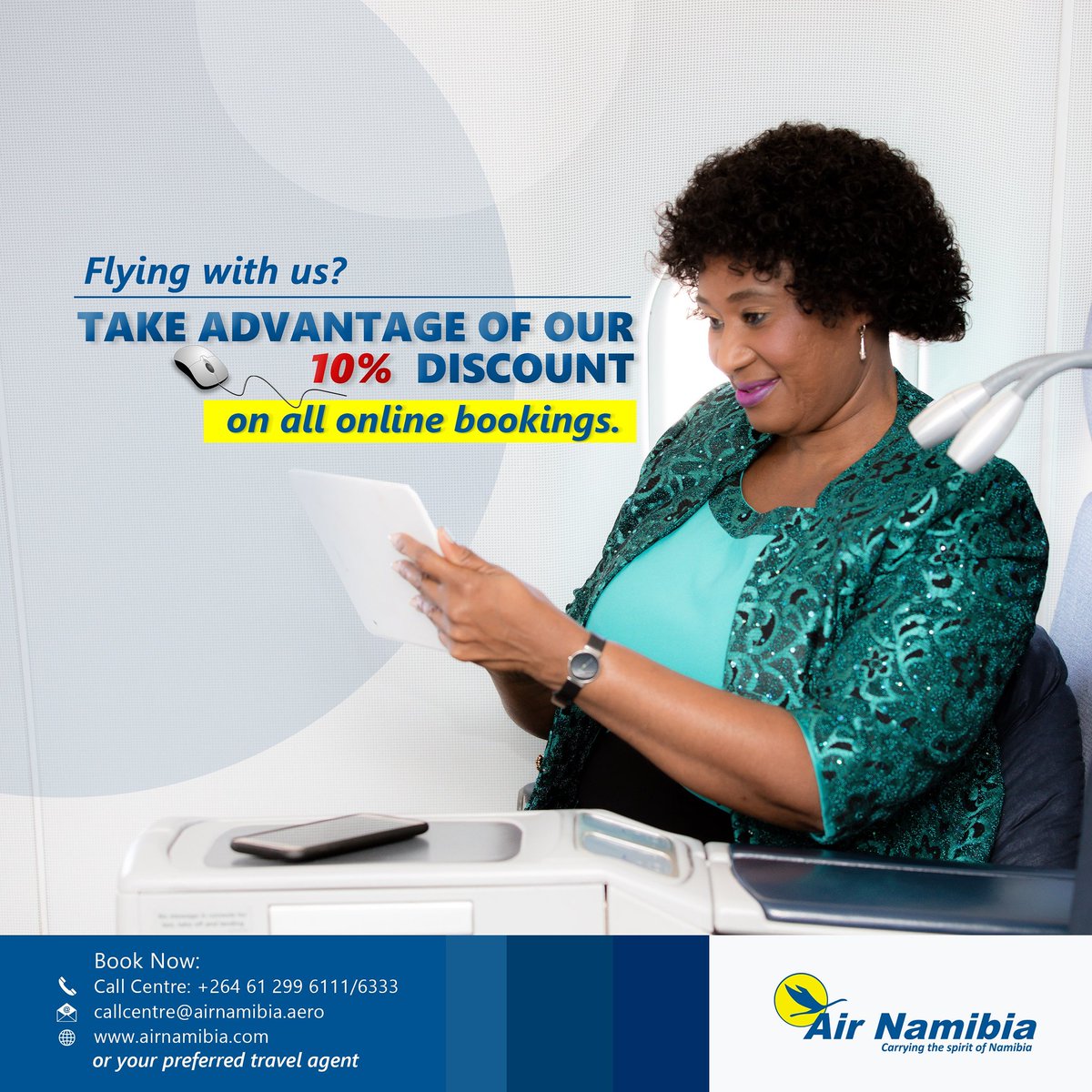 airnamibia1's tweet photo. Flying with us?

Enjoy 10% off on all online bookings.

 #airnamibia #domesticflights #namibia #traveldaily #travelenthusiast #windhoek #booknow #bookonline #walvisbay #eros #schedule #flightdeals https://t.co/En2tEVjZQT