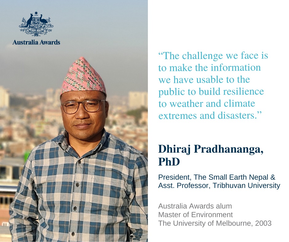 AusAmbNP's tweet photo. @AustraliaAwards alum Dhiraj Pradhananga, PhD shares his thoughts on the impacts of climate change in #Nepal 👉https://t.co/wrdzD9znS2  @DFAT @AusGlobalAlumni @ScopeGlobal @unimelb #AustralianAid #AustraliaAwards #COP26 #ANAA https://t.co/PW8IyibsnR