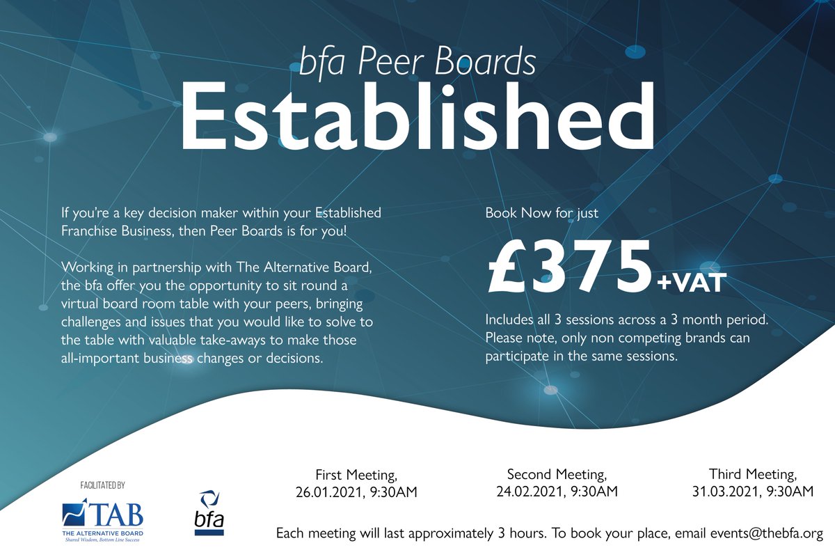 We're working with <a href="/TAB_Boards/">TheAlternativeBoard</a> to give bfa members this amazing opportunity. Alternative boards give you access to expertly facilitated peer board sessions to help you make difficult decisions, effect positive change and drive your business forward! Email: events@thebfa.org