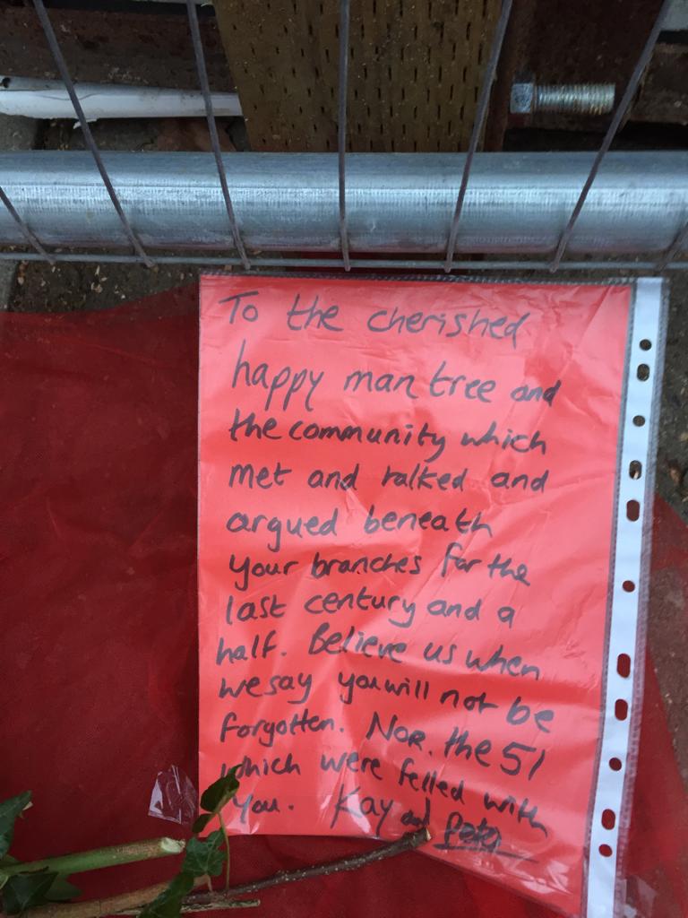 Last tributes to the #HappyManTree before what is left is hidden behind hoardings. #RememberThisTree