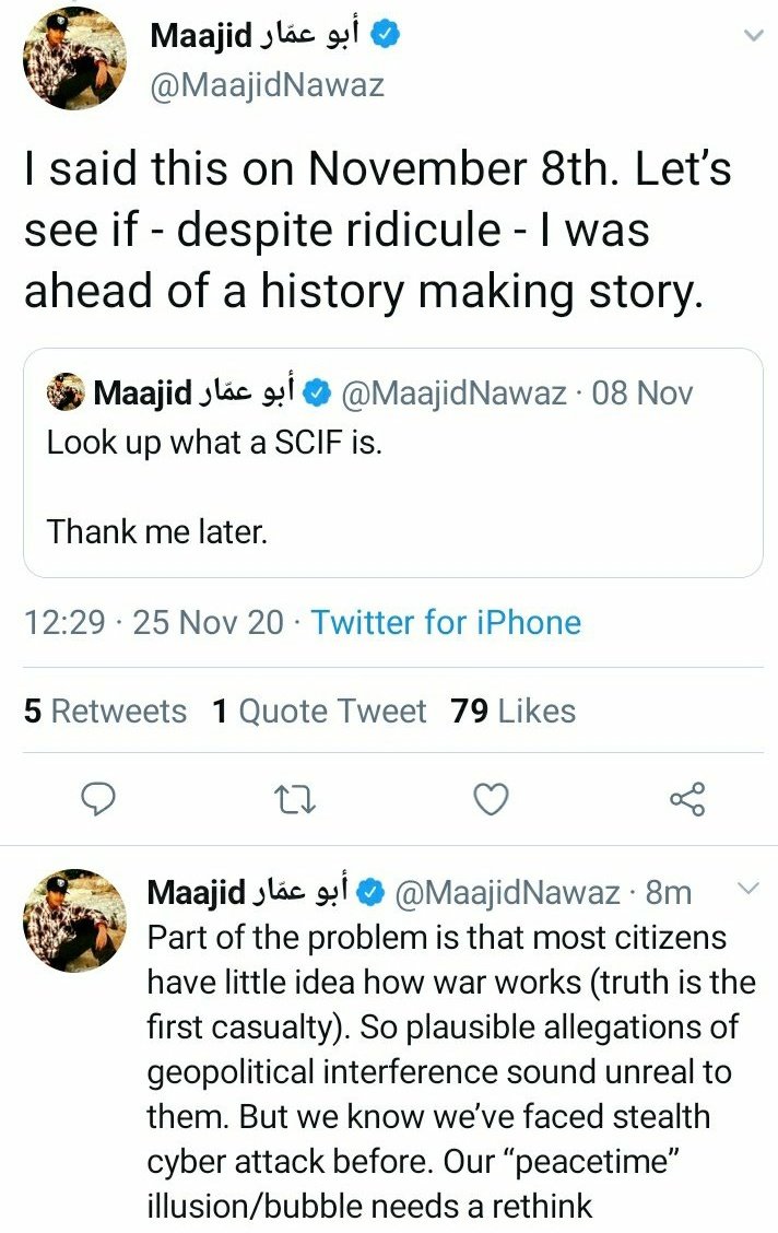 The other main  @maajidnawaz theme is that everything he predicted has come true, a claim made ever more insistently whenever the opposite happens. Is the SCIF theory - that Trump caught the plotters & recorded the computers stealing the election in real time - big reveal today?