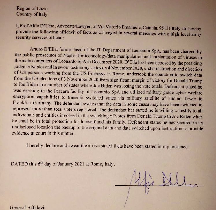 LATAMforTRUMP's tweet image. 🚨FULL SWORN AFFIDAVIT FROM AUTURO D’ELIA who, under instruction from US personnel working out of the US Embassy in Rome, has admitted to SWITCHING votes from Trump to Biden using military grade cyber warfare encryption, transmitted via satellite to Germany.

🚨Date:  1/6/2021