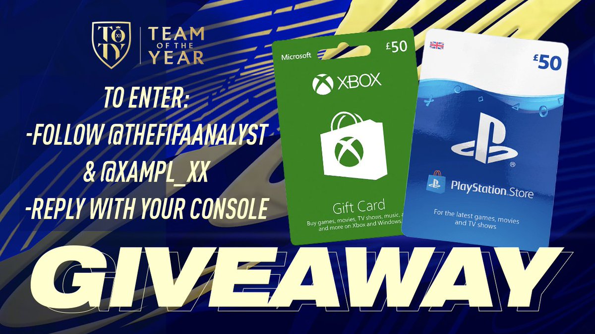 🚨 GIVEAWAY TIME! 🚨

2 x £50 Gift Card Giveaways (1 per console)

All you need to do is...

- Follow <a href="/TheFIFAAnalyst/">The FIFA Analyst</a> 
- Follow @XampL_Xx 
- RT 
- Reply with your console to enter!

Who would love this in time for #TOTY ?! #FUT21 #FIFA21