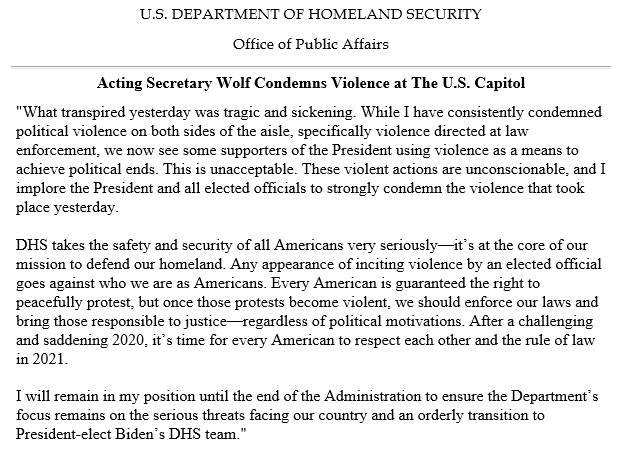 My full statement condemning violence at the U.S. Capitol.