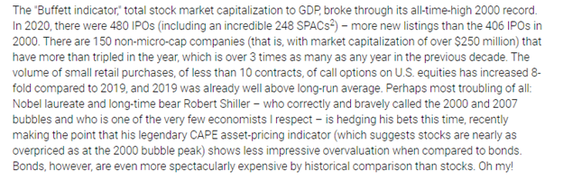 9) While traditional valuation (e.g. p/e ratios), benchmarks (e.g. buffet ratio) and indices all suggest historically peak levels (despite an economy propped up by stimulus that is otherwise in shambles), more concerning are the psychological factors.