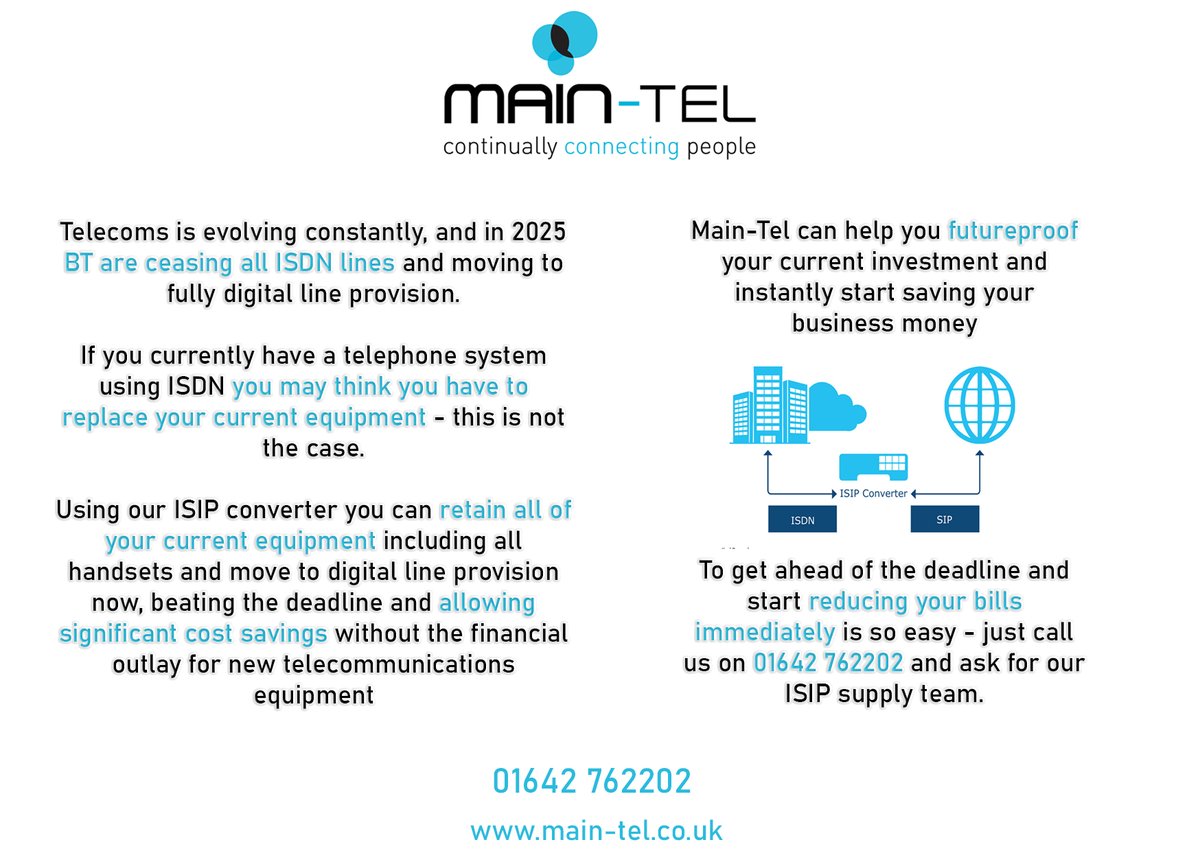 main_tel's tweet photo. Be ready for the ceasing of ISDN lines and start #saving your #business money straight away with our @main_tel ISIP Product. Retain your telephone system, protect your #investments  and prepare for the #DigitalTransformation in #telecoms https://t.co/7I7Wie6L7K