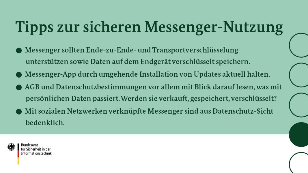 BSI_Bund's tweet photo. WhatsApp ändert seine Nutzungsbedingungen. Wer sich nach einer Alternative umschaut, sollte einiges beachten. Noch mehr Tipps zur sicheren Nutzung von Messengern findet ihr hier:
👉https://t.co/v57AeFP6Bb
#DeutschlandDigitalSicherBSI https://t.co/9rkavwy1o5