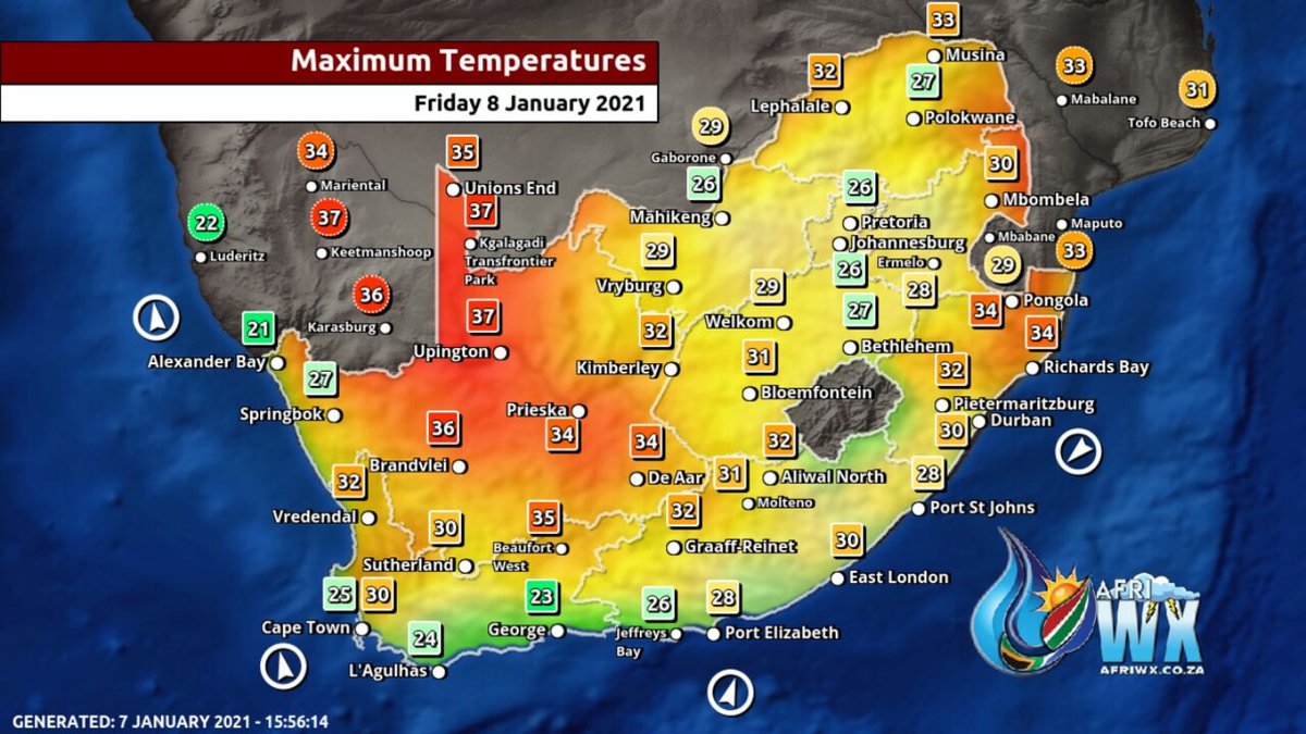 (2)Hier die entsprechenden Temperaturwerte für Südafrika. Diese entsprechen in etwa einem heißen Sommertag in 