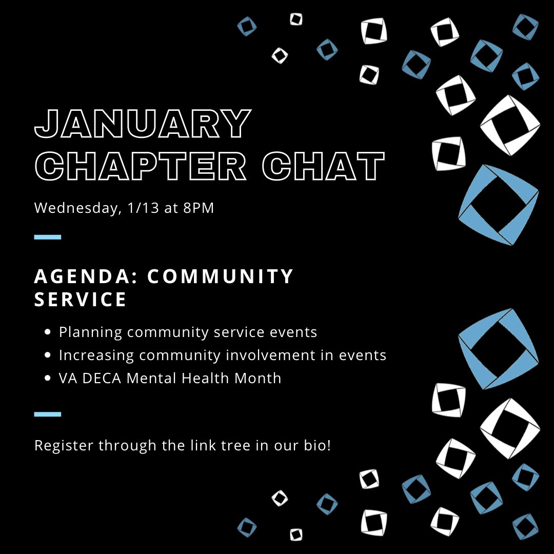 Who’s excited for the first chapter chat of 2021? 🎉
Join us on Wednesday January 13th at 8pm to discuss Community Service on the chapter level and VA DECA Cares!