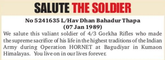  #ObituaryOfTheDayL/HAV Hav Dhan Bahadur Thapa, 4/3 Gorkha Rfiles, martyred this day 31 years agoStill remembered