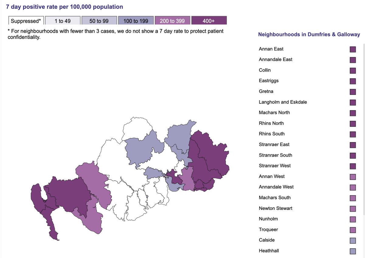 So what did I find?On the left are the PHS maps; mine are on the right.In  #Dumfries and  #Galloway the highest rate was 4,456 per 100,000 people in Stranraer South.That's 10 times the '400' minimum in the legend's highest range.