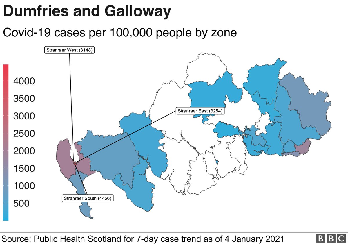 So what did I find?On the left are the PHS maps; mine are on the right.In  #Dumfries and  #Galloway the highest rate was 4,456 per 100,000 people in Stranraer South.That's 10 times the '400' minimum in the legend's highest range.