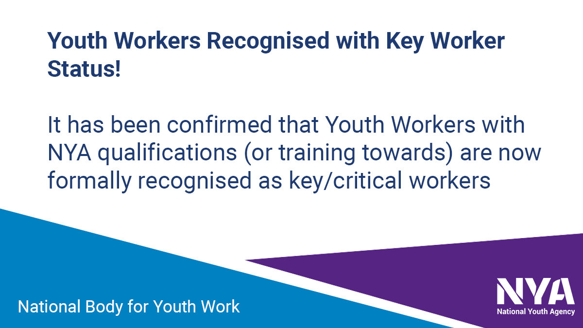 🚨Key Worker Status Recognised🚨 

Thanks to <a href="/DCMS/">Department for Culture, Media and Sport</a> whom we have worked with to ensure that youth workers are recognised as key workers!

We've added a formal letter signed by <a href="/LeighNYA/">Leigh Middleton OBE</a> and <a href="/dianabarran/">Diana Barran</a> to our COVID Guidance page

nya.org.uk/guidance/