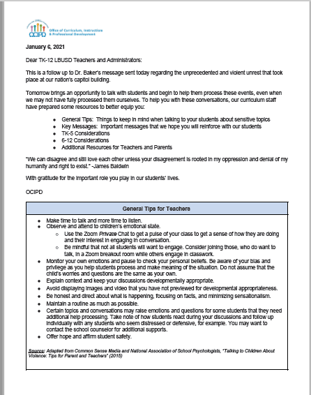 jbaker000's tweet image. LBUSD Teachers &amp;amp; Admin: To support you in supporting our @LBSchools students on this day that feels so very heavy, a resource guide was sent to your e-mail last night. Thank you for helping our students process the attack on democracy that they have witnessed. #proudtobeLBUSD