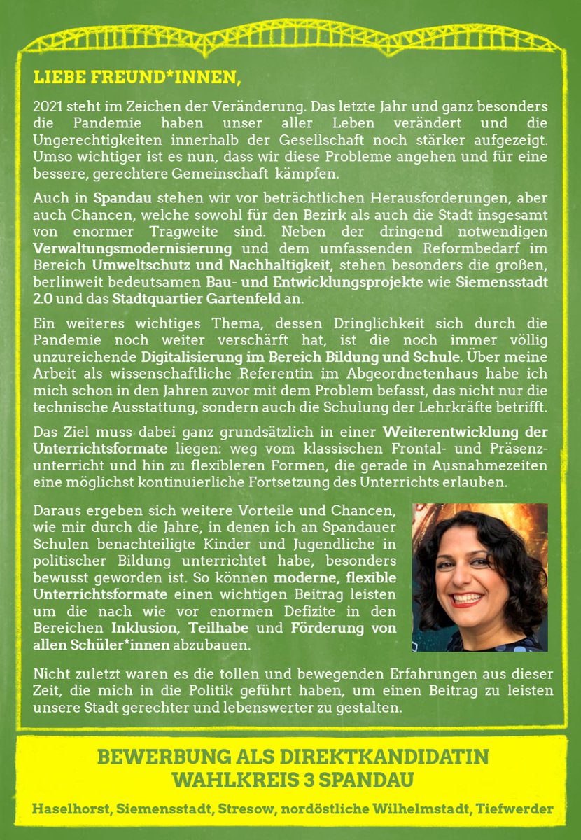 GollalehA's tweet photo. Weil es heute wichtiger ist denn je, weil unsere #Demokratie keine Selbstverständlichkeit ist! Für ein grüneres, gerechteres und gemeinschaftlicheres Spandau, bewerbe ich mich für die @GrueneSpandau für den Wahlkreis 3 des Abgeordnetenhauses!
https://t.co/VSqXEb89Pv https://t.co/3qWPLf4sOt