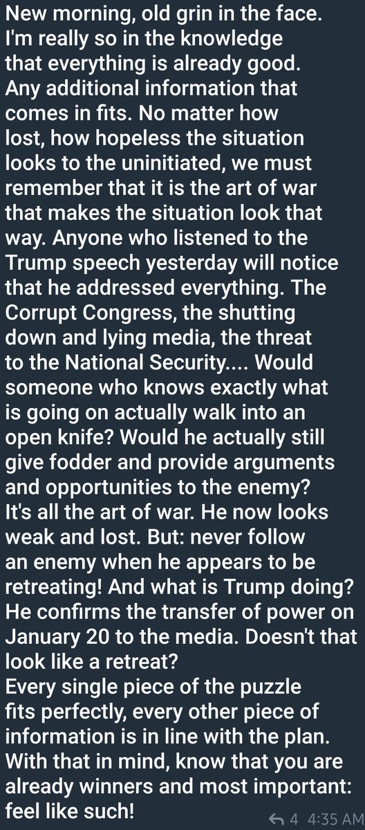 14/ some are pushing the goal post to the 20th and rather that some political witchcraft, they perceive the events as "the art of war" and this is all part of the plan. Thus another crecendo is to be expected for some on inauguration day. Though LEOs will likely be more prepared.