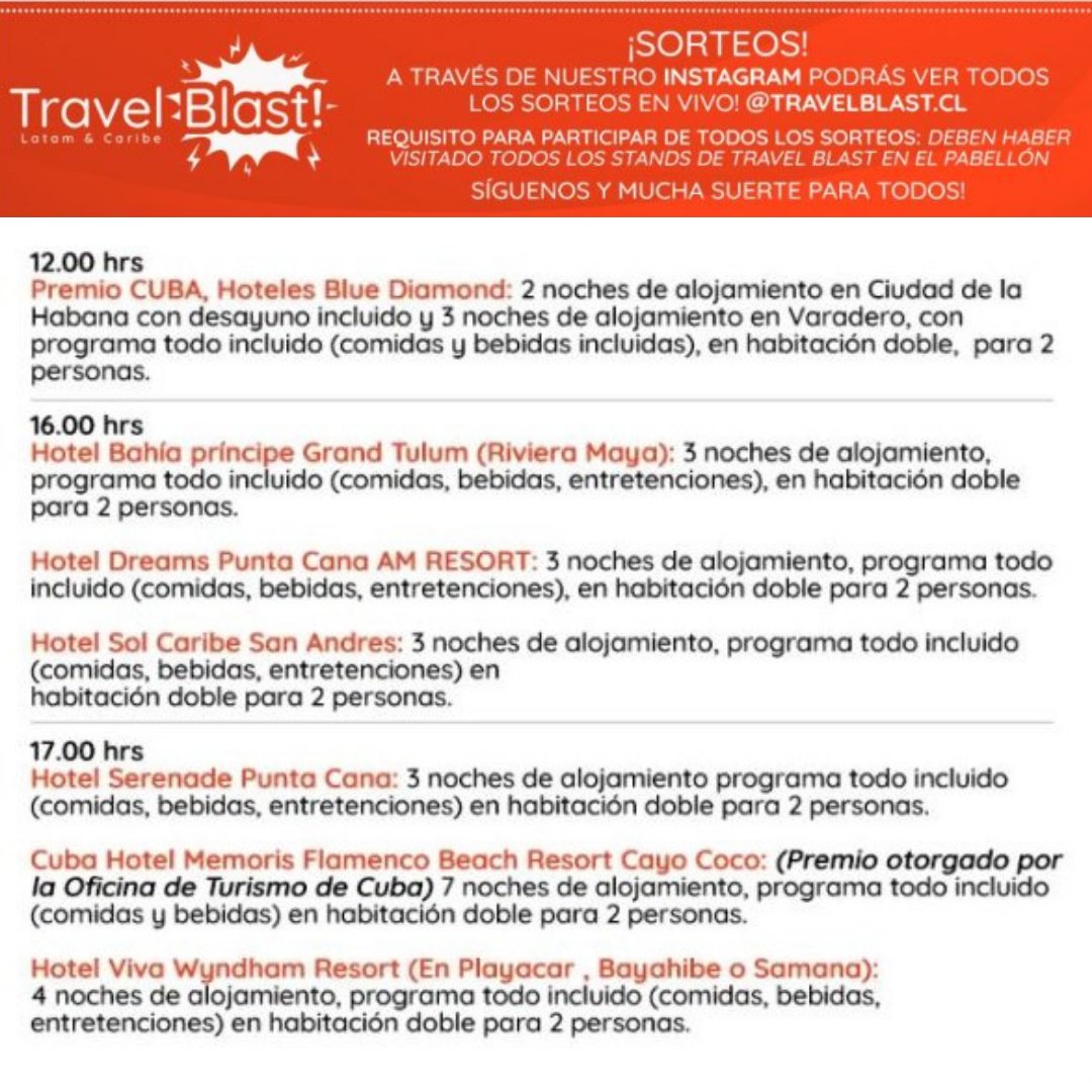 Travelblastcl's tweet photo. #TravelBlast2021 CRONOGRAMA DE #𝙎𝙊𝙍𝙏𝙀𝙊𝙎 JUEVES 7

A través de nuestro Instagram podrás ver todos los sorteos en vivo 🔴.

Requisitos de participación: deben haber visitado todos los stands de Travel Blast en el Pabellón.

🌐 https://t.co/SeYKLCP1CF https://t.co/IyxsUtjg1Y