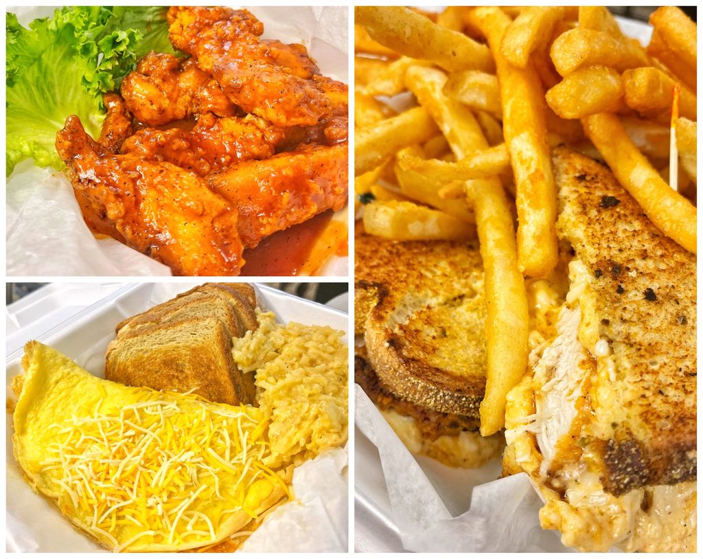 Plaid_Turnip's tweet photo. Come and join us for lunch on this chilly day! Serving up breakfast all day! Pictured: BBQ tenders, pimento cheese sandwich stuffed with country fried chicken, and cheddar cheese omelet! #yessuffolk #eatlocal #plaidturnip https://t.co/s0GcnQoOn5