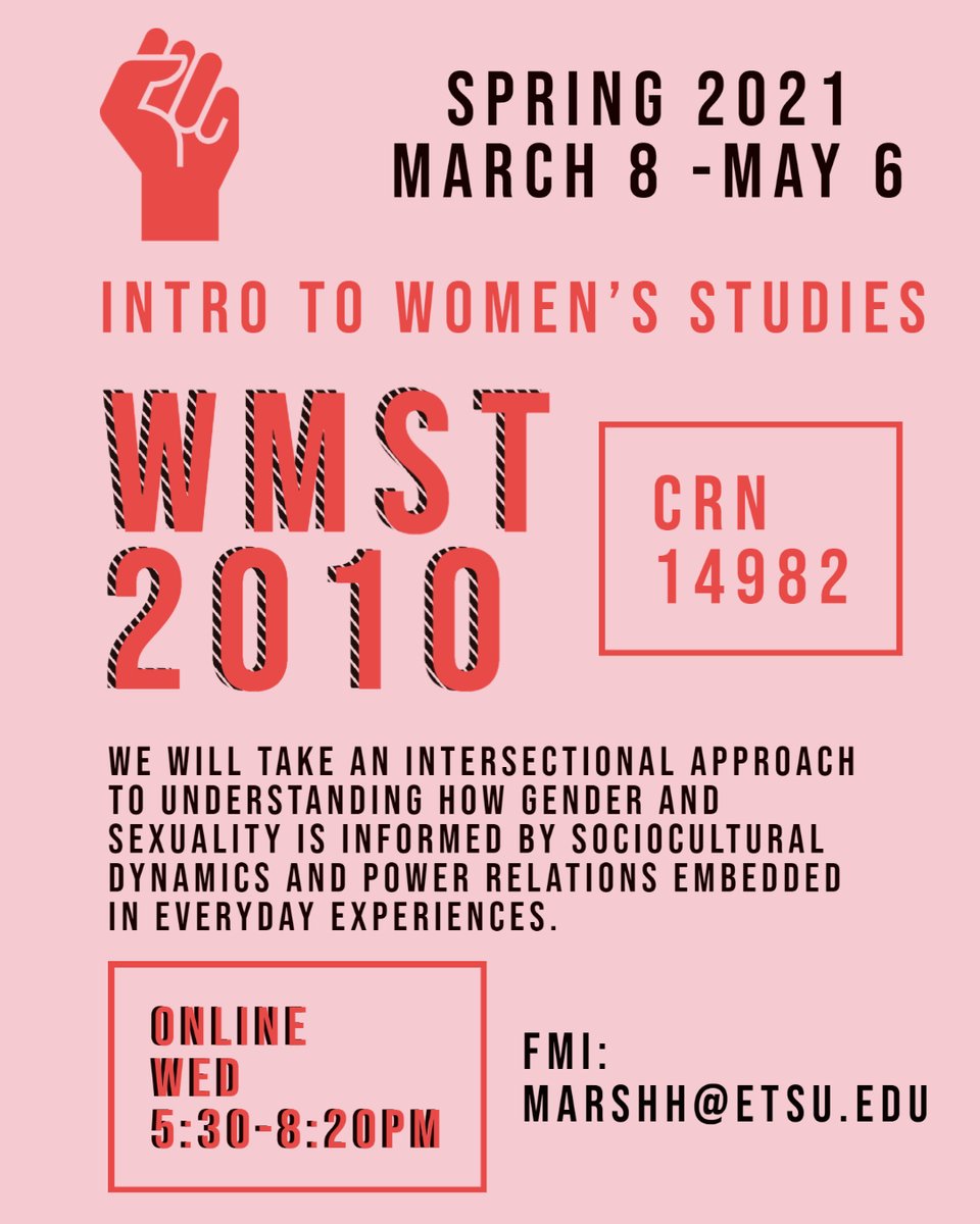 ETSUWGSS's tweet photo. Check out our LATE START Intro to Women's Studies course, which begins March 8! Register today! https://t.co/R5C3pOZqnV