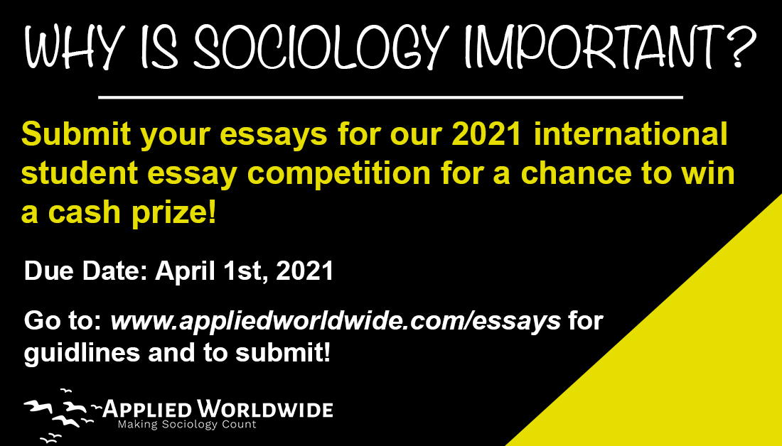 Submission for our annual international #sociology student essay competition is now open! 

Go to appliedworldwide.com/essays for information on guidelines and how to submit.

Now, let's see those essays!

#MakingSociologyCount