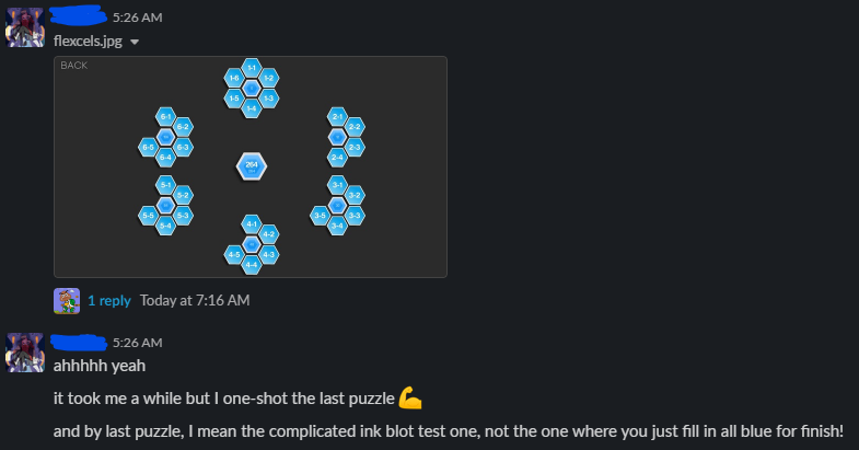 LukeBoris's tweet photo. @Ma77hew_Brown bought my wife the Hexcells bundle yesterday and she just stayed up half the night beating the first game. Thank you for creating such an engaging type of puzzle! https://t.co/nbBtyJ0iNO