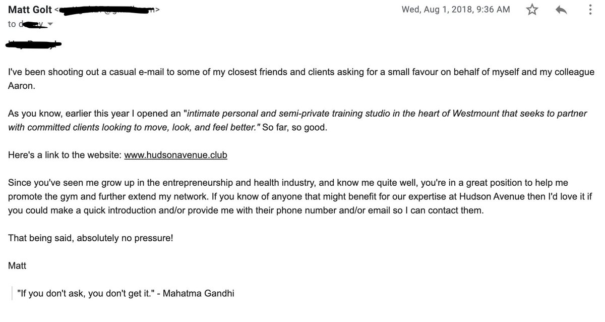 When I left my first commercial space and opened my own personal training studio, this is the e-mail that I sent to my network - which was extremely well-received. (In retrospect, a few words I'd love to change, but mostly happy with it). 5/10