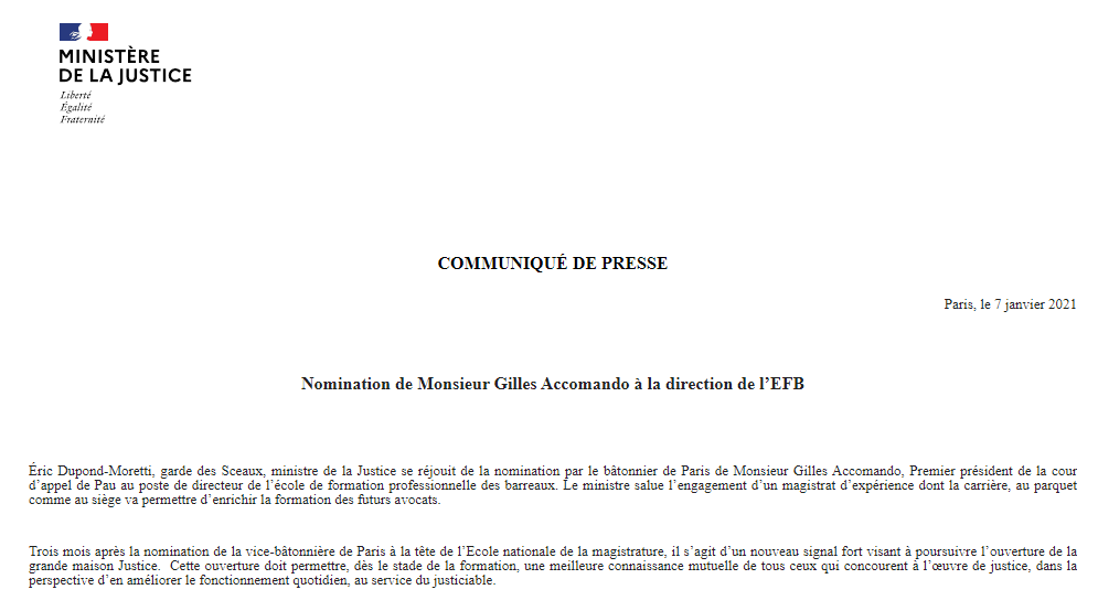 adumourier's tweet photo. Réaction de @E_DupondM à la #nomination de Gilles Accomando à la tête de l'#EFB @efbparis #avocats #magistrats #RentreeEFB  (CP) https://t.co/ReNrAHVP2f