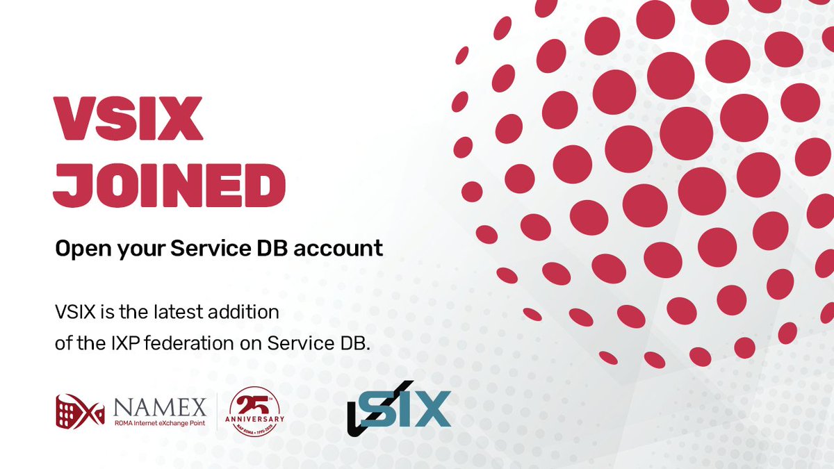 Service__DB's tweet photo. We are glad to announce that also @vsix_pd has joined our IXP federation. Providers active at #VSIX can now activate their account on Service DB! 

Expand your business now! Ask your IXP, VSIX, TOP-IX  or Namex, to activate your profile. https://t.co/ThKmEJcU8o
