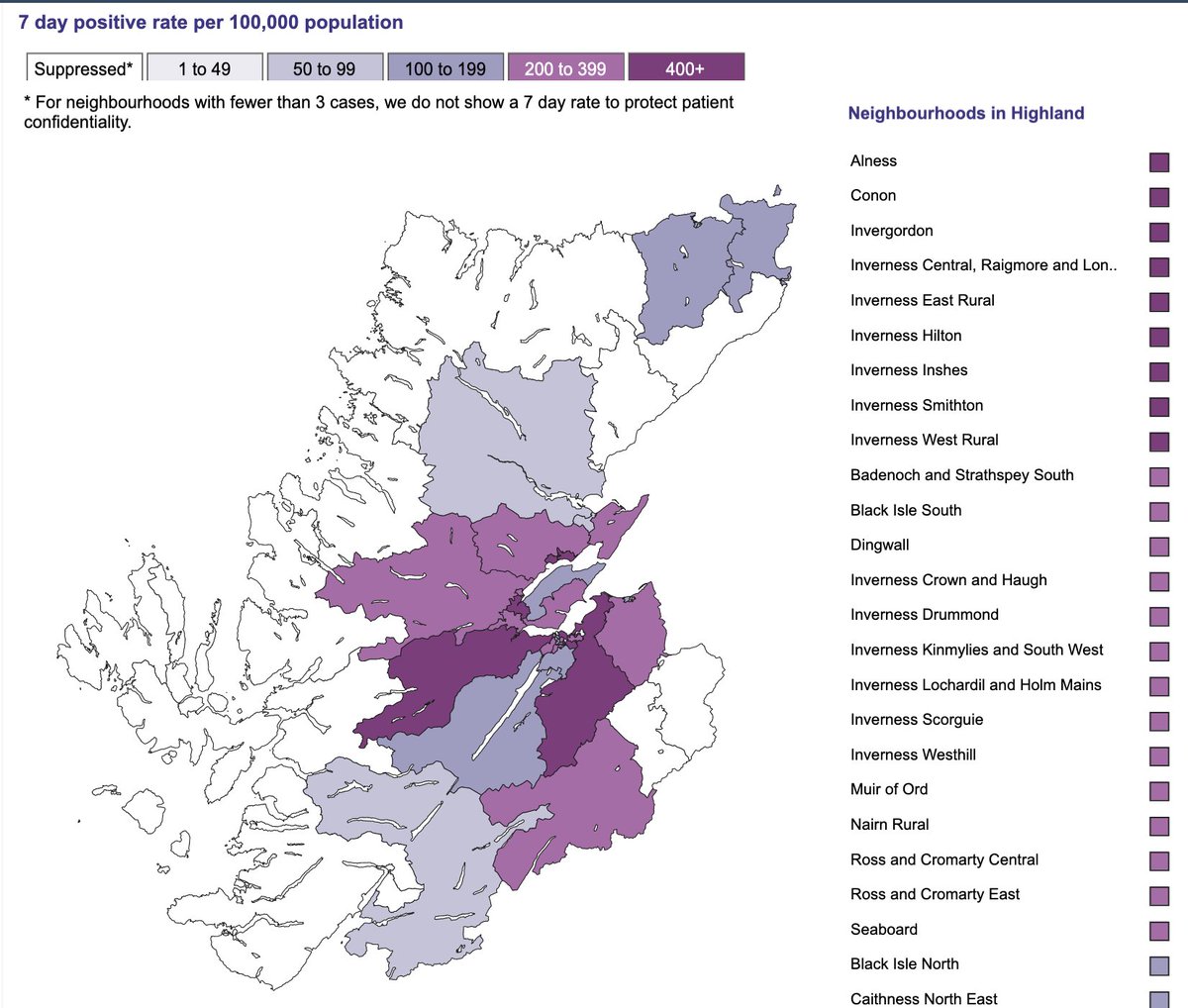 In  #Highland the highest rate is 1,205 cases per 100,000 ppl in Inverness West Rural.