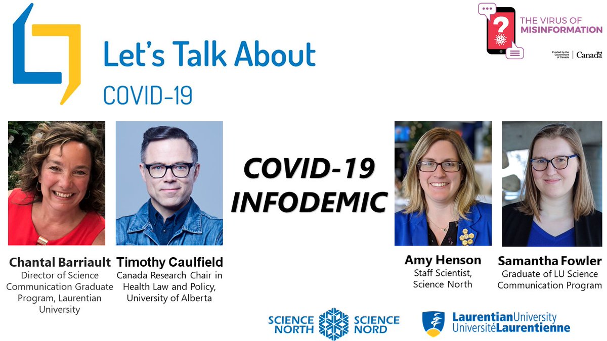 Join us next Wed (Jan 13) at 9 am for a live discussion with <a href="/CaulfieldTim/">Timothy Caulfield</a> and @ChantalOnwatin to find out how we can become advocates for science and combat the misinformation infodemic.

Youtube: bit.ly/3osMt44
Facebook: bit.ly/3hP8B6l