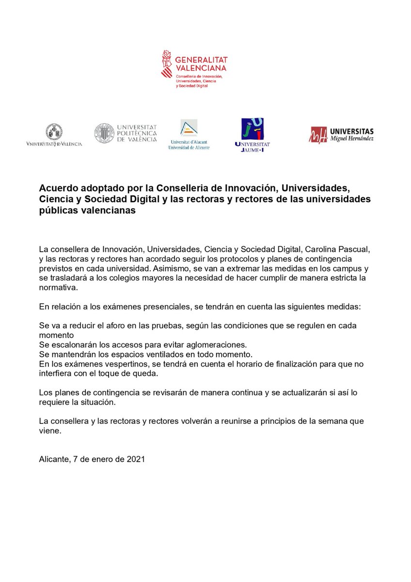 informacioUA's tweet photo. 🔴 ÚLTIMA HORA. Acuerdo @generalitat y universidades públicas valencianas sobre el desarrollo exámenes 1er semestre (C2) https://t.co/15UiuwOXJ6