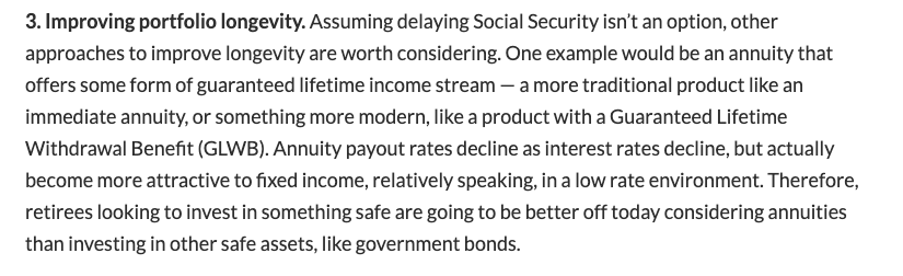 See also  @davidmblanchett's further commentary (in the same article) on the value of annuities as retirement income in a low-rate environment: