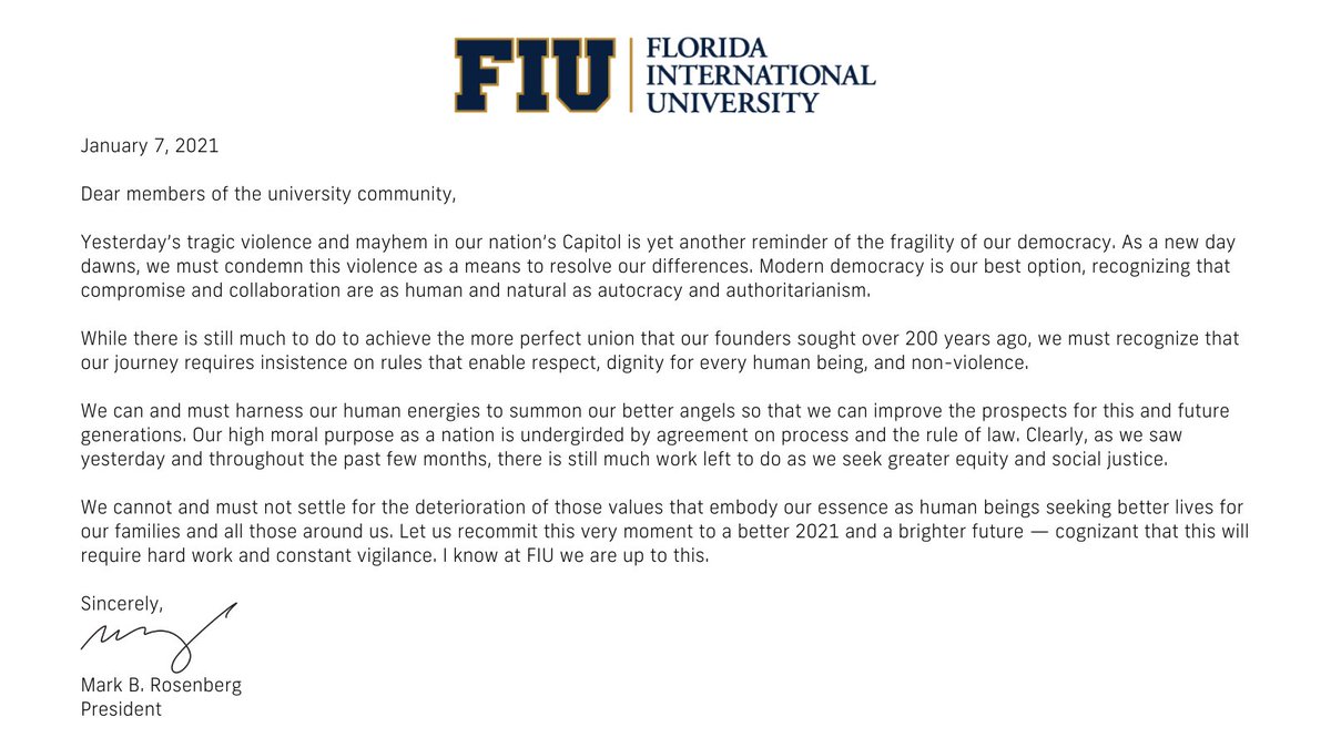 Statement from FIU President Mark B Rosenberg on yesterday's violence on the Capitol.