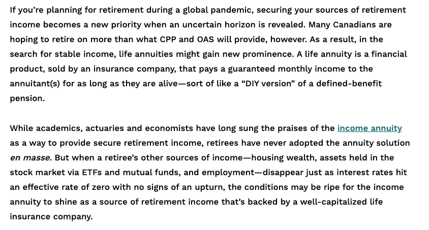 Last April, I predicted (in  @moneysense) that the pandemic will change the way we think about retirement by "increasing the allure of guaranteed income," including via annuities:  https://www.moneysense.ca/save/retirement/planning-for-retirement-after-covid-19/