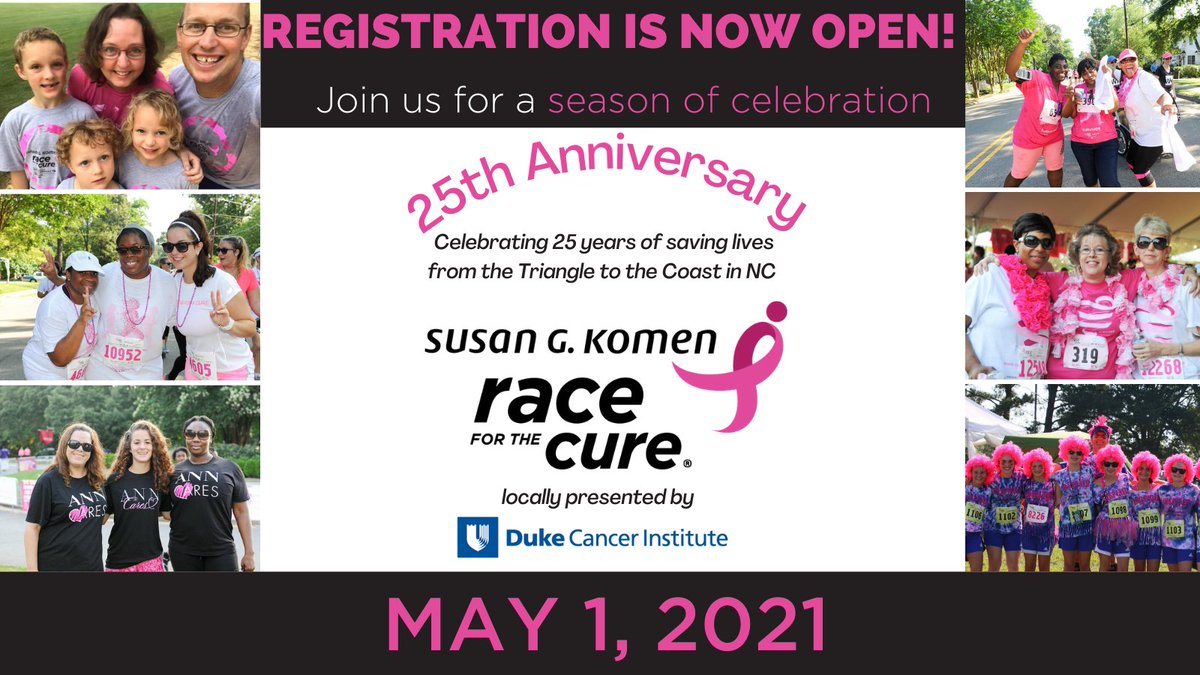 KomenNCTC's tweet photo. Celebrate 25 years of the Triangle Race for the Cure in 2021 on May 1. Registration is NOW open!  Start your fundraising and stay tuned for many exciting and engaging celebratory activities between now and race day including a raffle and contests! 
https://t.co/hH3IoTqb4v https://t.co/5Xe9qHaasT