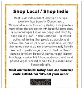tweetinexeter's tweet photo. RT @MantisGandySt: I0% discount on website orders FREE YES FREE LOCAL EXETER DELIVERY & CLICK & COLLECT! What's not to love! https://t.co/A1kqRYYoXb
#Mantis #gandyst #InExeter #exeterindie #shopindie #shoplocal #silverjewellery #handmadejewellery https://t.co/GmU8MO7NQq