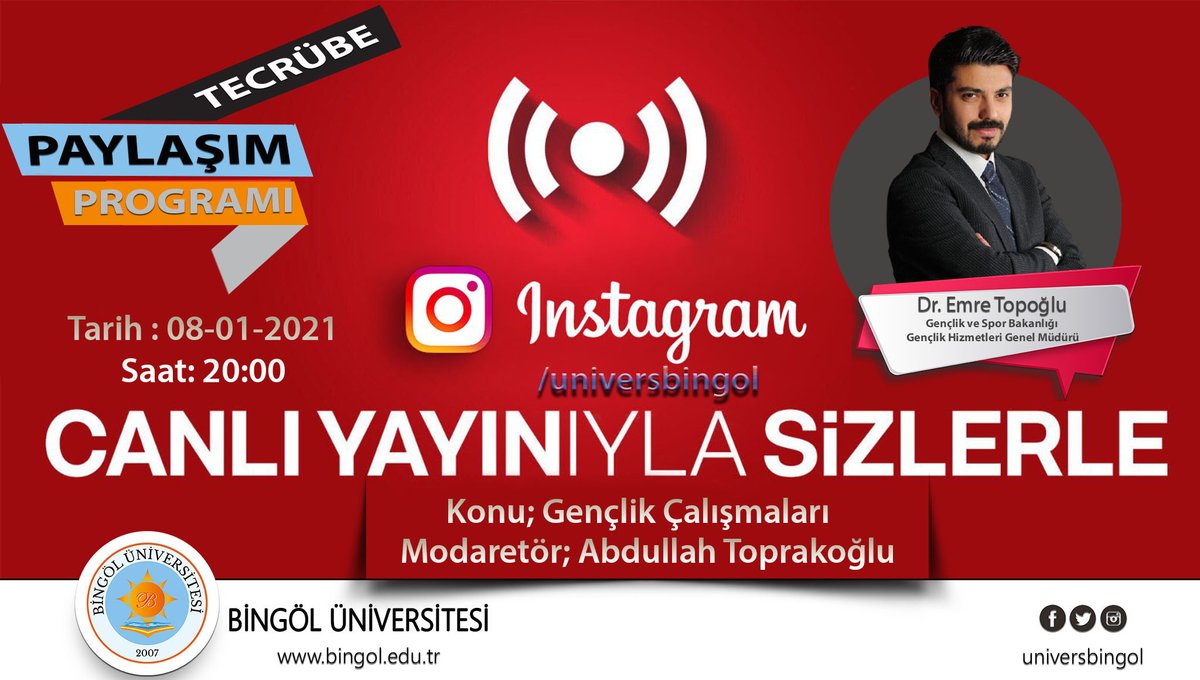 bingoluni2007's tweet photo. Gençlik ve Spor Bakanlığı Gençlik Hizmetleri Genel Müdürü Emre Topoğlu, 08 Ocak Cuma, saat 20.00’de Üniversitemiz instagram canlı yayın konuğu olacak; “Gençlik Çalışmaları” hakkında konuşmasına eşlik etmek için sizleri de bekliyoruz. https://t.co/3e6MBhX7JB