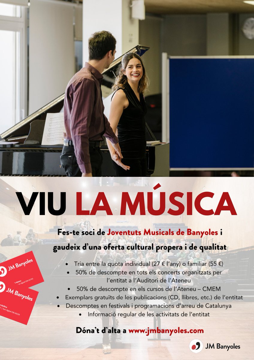 Comença l'any donant suport a l'activitat musical! 🎼💪🏽 Fes-te soci de #JMBanyoles! 🥳🕺🏽🎶 Gaudiràs d'una oferta cultural propera i de qualitat. Consulta'n les condicions al nostre web 👇🏽

jmbanyoles.com/banyoles/ca/fe…
