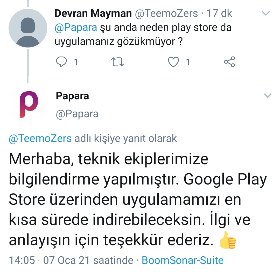 Papara, konu ile ilgili soru soran bir takipçisine "Teknik ekiplerimize bilgilendirme yapılmıştır. En kısa sürede indirebileceksiniz." dedi.