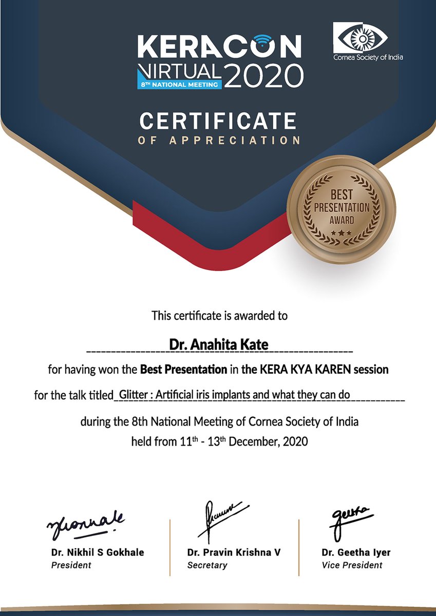 #Congratulations

Dr Anahita Kate won the #BestPresentation award for her talk on 'Artificial iris implants and what they can do' in the 'Kera Kya Karen' session during the #Keracon2020, the 8th national meeting of Cornea Society of India. 

#LVPEI #Cornea #CorneaSociety #keracon