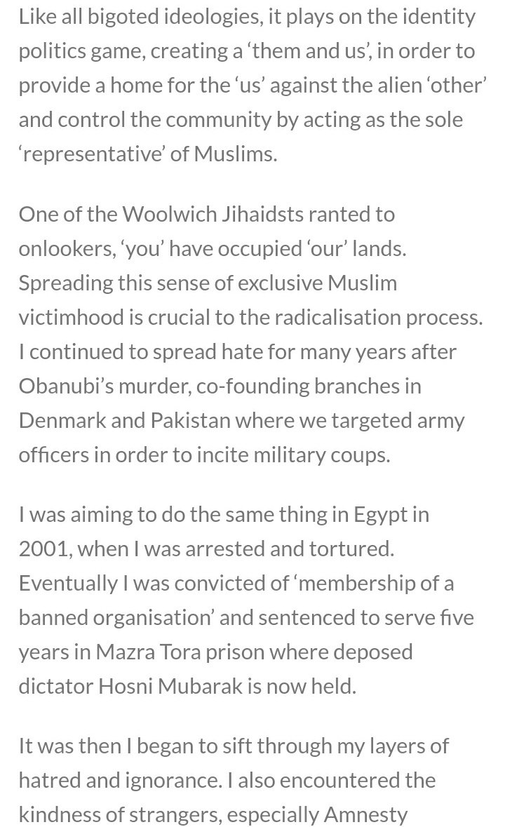 This is a first person account, published by QF, of spreading hate prior to deradicalisation. He did claim to have co-founded efforts to "target army officers in order to incite military coups" in both Denmark and Pakistan (though scale/gravity of Hizb's coup effort is unclear)